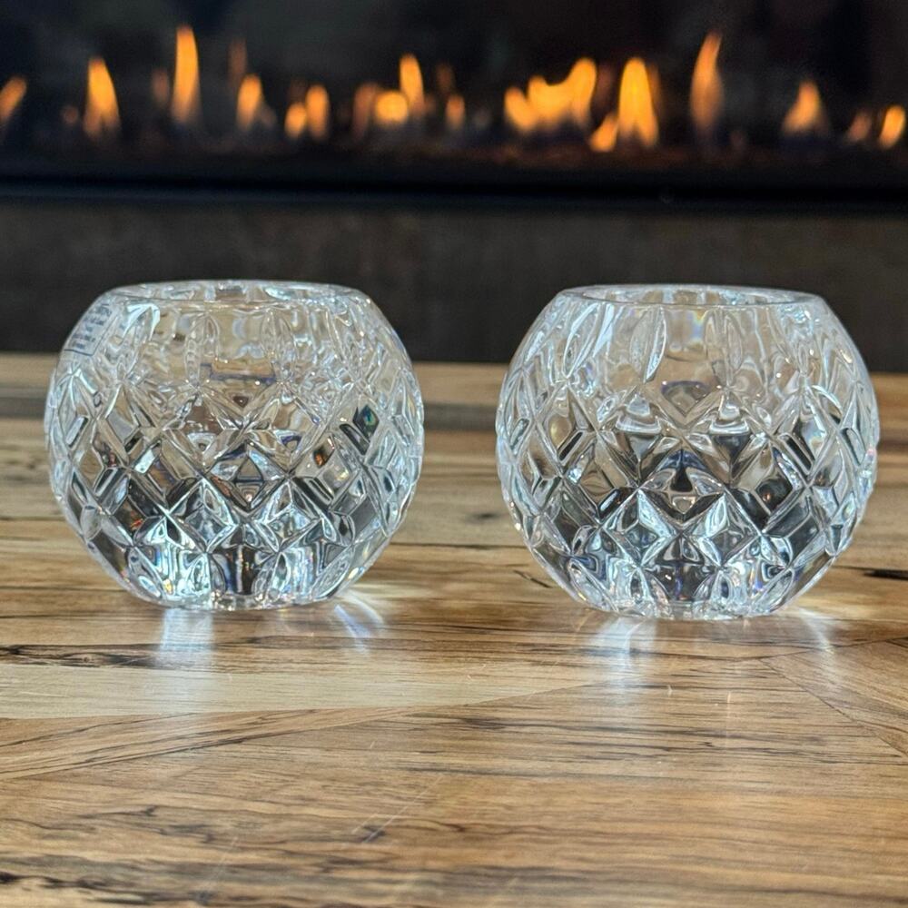 Pair VTG Illusions Samobor 24% Lead Crystal Votive Candle Holder Rose Bowl Set 2